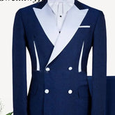 Gwenhwyfar Navy Suit Men's British Style White Stripe Splicing Slim Fit Party Double Breasted 2 Pieces Sets Blazers Trousers