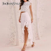 TWOTWINSTYLE Hollow Out Embroidery Two Piece Set For Women Round Neck Sleeveless Top High Waist Split Skirts Elegant Sets Female