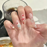 10Pcs Kawaii Almond Handmade False Gel Nails with Glue Strawberry Cartoon Fake Nail Design Sweet Cute Press on Acrylic Nail Tips