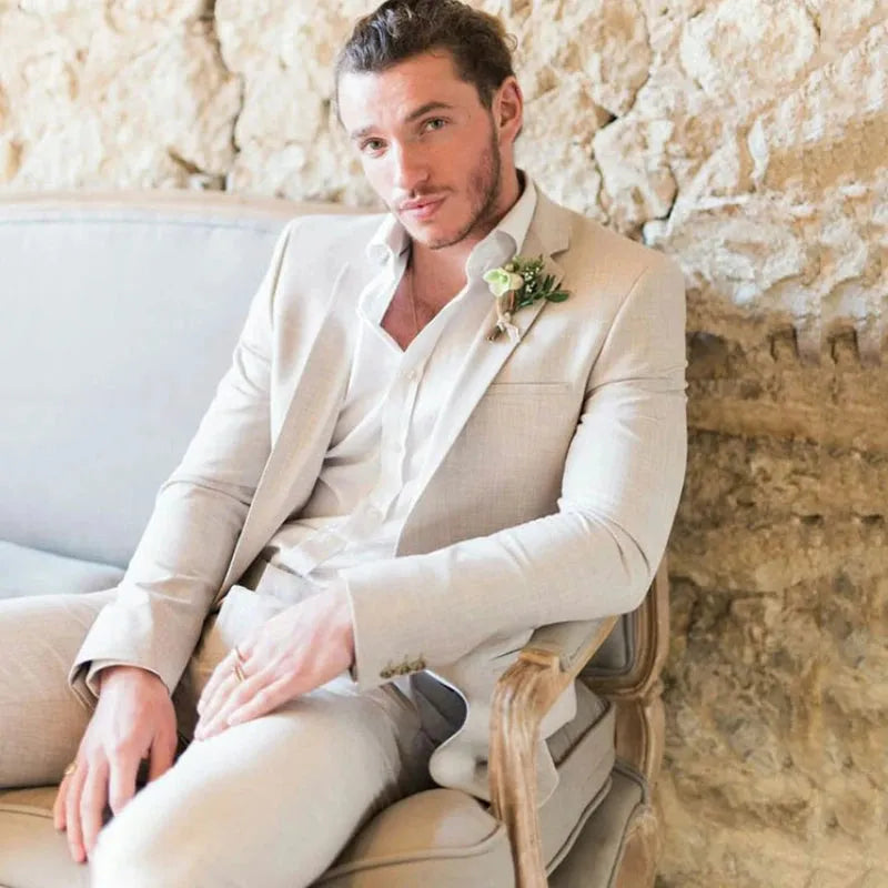 Linen Summer Suits for Men Wedding Slim Fit Groom Tuxedo Male Notched Lapel Blazer 2 Piece Male Suit Jacket with Pants