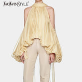 TWOTWINSTYLE Solid Loose Spliced Folds Mini Blouse for Women Round Neck Long Sleeves Patchwork Hollow Out Elegant Top Female New