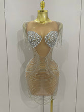 2025 New Sparkly Diamonds Crystal Sexy Mesh See Through Mini Dress Women Birthday Party Club Celebrate Stage Performance Costume