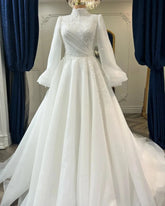 Plus Size Wedding Dresses for Bride Puffy Long Sleeve Appliques Beaded Princess Bridal Ball Gown Vestido De Noiva WHITE