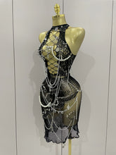 Sexy Black See-Through Pin Decoration Chain Beading Short Dress 2025 Women Birthday Evening Party Nightclub Performance Costume