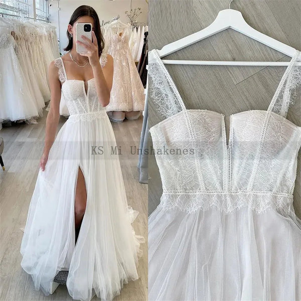 Vintage Boho Wedding Dresses 2024 Lace Wedding Gowns Split Side Beach Bridal Dress Women Straps Pleated Vestidos de Noiva Tulle