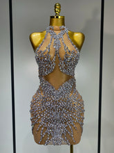 Luxury Rhinestones Mesh Transparent Prom Mini Dress Shinny Women Birthday Celebrate Party Prom Nightclub Outfit Stage Costume