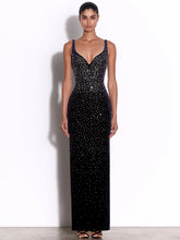 Women Sexy V Neck Diamonds Beading Black Maxi Long Celebrity Bodycon Bandage Dress 2025 Elegant Evening Club Party Dress