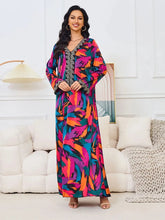 Fashion Floral Color Painting Diamonds Evening Party Abaya Long Sleeve V Collar Belted Dress Moroccan Islamic Women Red Dress