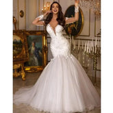 Romantic white wedding dress with tulle applique V-neck long sleeve formal mermaid floor-length bride dress فساتين للحفلات الراق
