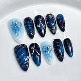 10Pcs Y2K Sweet Cool Almond Handmade Gel Nails with Glue Metallic Bow Nail Design 3D Blue False Nails Press on Acrylic Nail Tips
