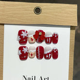 10Pcs Short Squoval Christmas Bow Handmade Press on Fake Nails Cute Gel Nail with Glue Snowflake French False Nail Manicure Tips