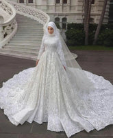 Muslim Hijab Wedding Dress A Line O Neck Long Sleeves Luxury Lace Bridal Gowns Appliques Robes De Mariees Luxe Dubai Custom Ivory
