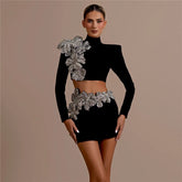 High Quality Women Long Sleeve Diamond Florals Bodycon 2 Pieces Mini Bandage Dress Celebrate Nightclub Party Birthday Dress