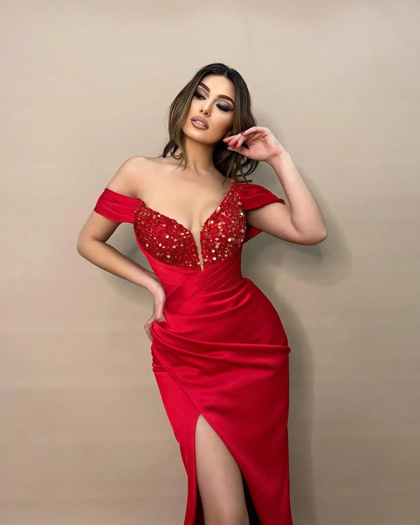 Luxury Sexy Red Prom Dresses Sequins Off Shoulder Evening Dresses Pleats Slit Semi Formal Red Carpet Long Special Occasion dress