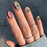 24Pcs Short Round Head False Nail Oval with Colorful Fish Design Press on Fake Nails Detachable Finished Full Cover Nail Tip Art