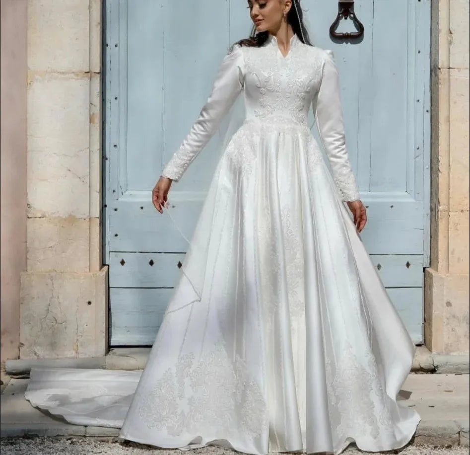 Muslim Long Sleeve Wedding Dresses Bridal Gowns Ivory