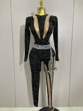2025Sexy Sparkly Full Diamond Black Perspective Waist Cinching Asymmetrical Mesh Jumpsuit Birthday Party Nightclub Stage Costume