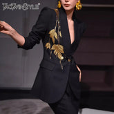 TWOTWINSTYLE Solid Slimming Spliced Bead Elegant Blazer for Women Lapel Long Sleeves Patchwork Buttons Coat Female Clothing New