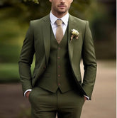 Elegant Men's Suits Full Set (Jacket+Vest+Pants ) Army Green Slim FIT Business Casual Tuxedo Blazer Beige Groom Wedding Suits as pics 1