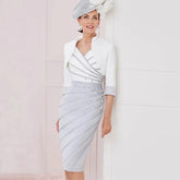 Elegant Mother of the Bride Dress with Jacket Knee Length Beading Classic V-Neck Three Quarter Women Custom Made Gown for Party Photo Color1
