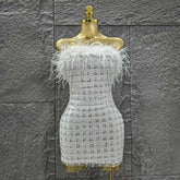 White Color Women Sexy Strapless Feathers Bodycon Mini Dress Celebrate Fashion Nightclub Party Birthday Outfit Vestido