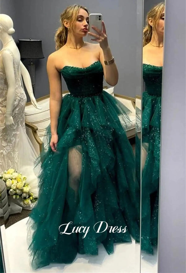 Lucy Graduation Gown Green Ball Shiny Mesh Layered Slit Luxurious Turkish Evening Gowns Gala Dress Women Elegant Party Prom