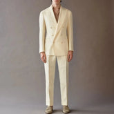 High End Suit For Men Linen Cream Double Breasted Tuxedo Wedding Party Prom Beach Casual Business Suit two Piece Jacket Pant as picture