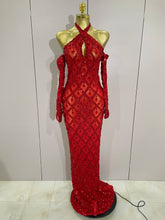 Sexy Sparkly Rhinestones Halter Mesh Long Dress With Gloves 2025 Women Celebrate Evening Wedding Prom Birthday Dress Shoot Wear