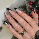 Long Stiletto Black French Fake Nails for Women Christmas Party Nude Color Press On Nails Black/White Snowflake Printed Nail Art