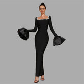High Quality Women Long Sleeve Sexy Square Collar Shinning Crystal Bodycon Long Bandage Dress Celebrate Evening Party Outfit