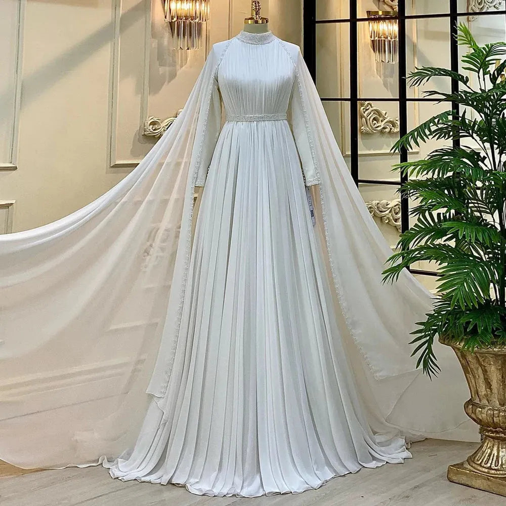 Elegant Chiffon Beaded Muslim Wedding Gowns with Cape Hijab Islamic Bridal Dress High Neck Abaya Long Sleeves Bride Robe WHITE