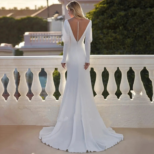 Mermaid White Wedding Dress For Women Long Sleeve Spandex Button Modern Bride Gown Customize To Measures Robe De Mariee 2024