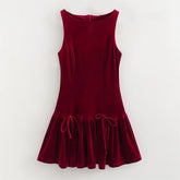 UNIZERA Retro Style Bow Tie Velvet Dress Winter New Round Neck Sleeveless Solid Color Slimming Short Skirt