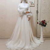Elegant A-Line Muslim Wedding Gown for Bride Organza Appliques Lace Arabic Dubai Full Sleeves Bridal Dresses Ivory