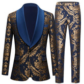 Men Suits Gold Pattern and Navy Blue Groom Tuxedos Shawl Satin Lapel Groomsmen Wedding Best Man 2PCS ( Jacket+Pants) coat and pants