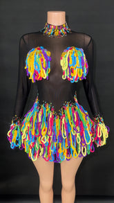 2025 Women Shiny Colorful Diamonds Sexy Stretch Transparent Mesh Short Dress Nightclub Party Singer Stage Performance Costume