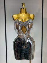 Sparkly Sliver Rhinstones tassels Top Skirt Two Piece Set Women Sexy Strapless Nightclub Birthday Evening Party Stage Outfit