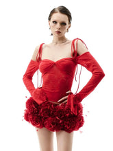 Red Color Women Long Sleeve Sexy Lace 2 Pieces Bodycon Mini Dress Florals Celebrate Nightclub Party Bar Dancer Stage Wear