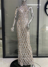 Shinning Big Crystal Women Sleeveless Sexy Halter Bodycon Long Dress Celebrate Birthday Party Nightclub Outfit Vestido