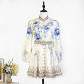 Shot In Stock 2025 Spring Summer New Printed Single-Breasted Exquisite Flower Button Short A-Line Dress + Belt