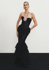 Women Celebrity Sexy Backless Halter Black Lace Flower Maxi Long Gowns Dress 2025 Elegant Evening Party Club Vestido
