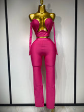 Women Sexy Strapless Backless Hot Pink Glove Pants Bandage Three Piece Suit Celebrity Designer Fashion High Street Pant Suits