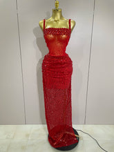Sparkly Red Rhinestones Sequins Sexy See Through 2PCS Long Dress 2025Women Celebrate Evening Birthday Party Dress Stage Costumes