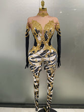 Sparkly Gold Rhinestones Jumpsuit With Gloves 2025 New Women Sexy Printed Party Nightclub Bar Singer Stage Performance Costume