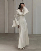 V-neck Long Sleeve Satin Cloth Evening Dresses Special Occasion Formal Dress Wedding Party Dress Luxury Prom Dress