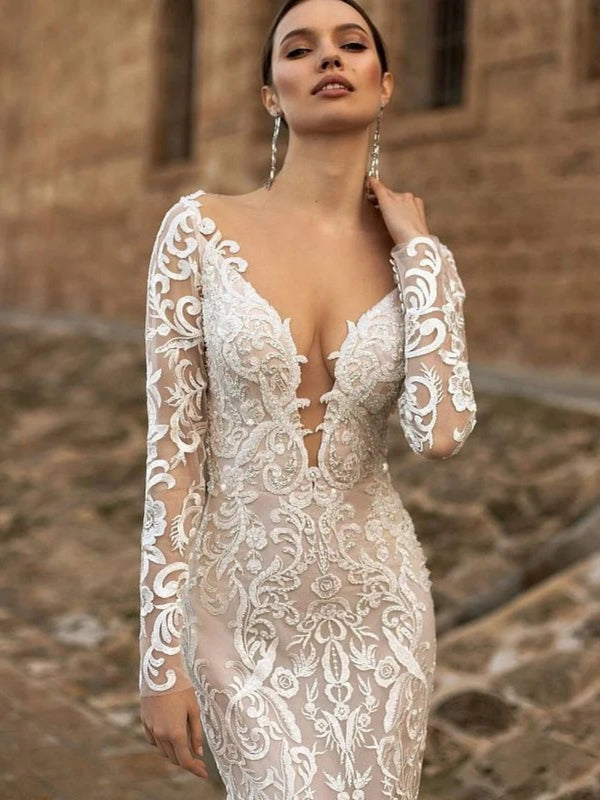 Romantic Deep V-neck Wedding Dress Appliques Lace Mermaid Bride Robe Graceful Floor-length Bridal Dresses Vestidos De Novia