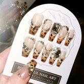 Autumn Winter Leopard Printed French Press On Nails 24Pcs Medium Length Coffin Fake Nails Shiny Diamond Decor Wearable Nails Art