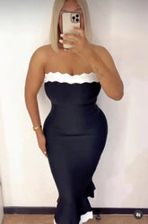 Black Color Women Sleeveless Sexy Strapless Bodycon Mermaid Bandage Mid-calf Dress Nightclub Party Birthday Cocktail Dress