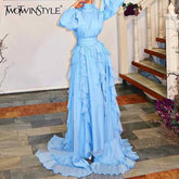 TWOTWINSTYLE Solid Loose Midi Dresses for Women Round Neck Long Sleeves Patchwork Lace Up Temperament Dress Female Clothing New