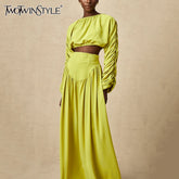 TWOTWINSTYLE Solid Two Piece Sets for Women Round Neck Long Sleeves Spliced Folds Top High Waist Skirt Loose Set Female Clothing